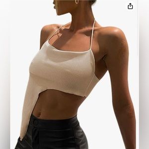Amazon Remidoo Women's Sexy Halter Crop Top Asymmetrical Hem Ribbed Knit Cami
